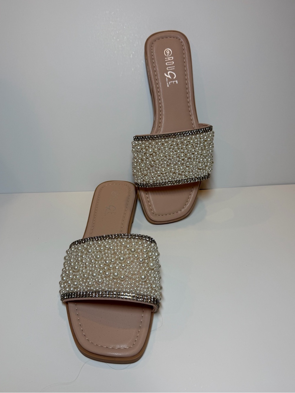 Rouge! Pearl-Embellished Nude Slide Sandals - Women